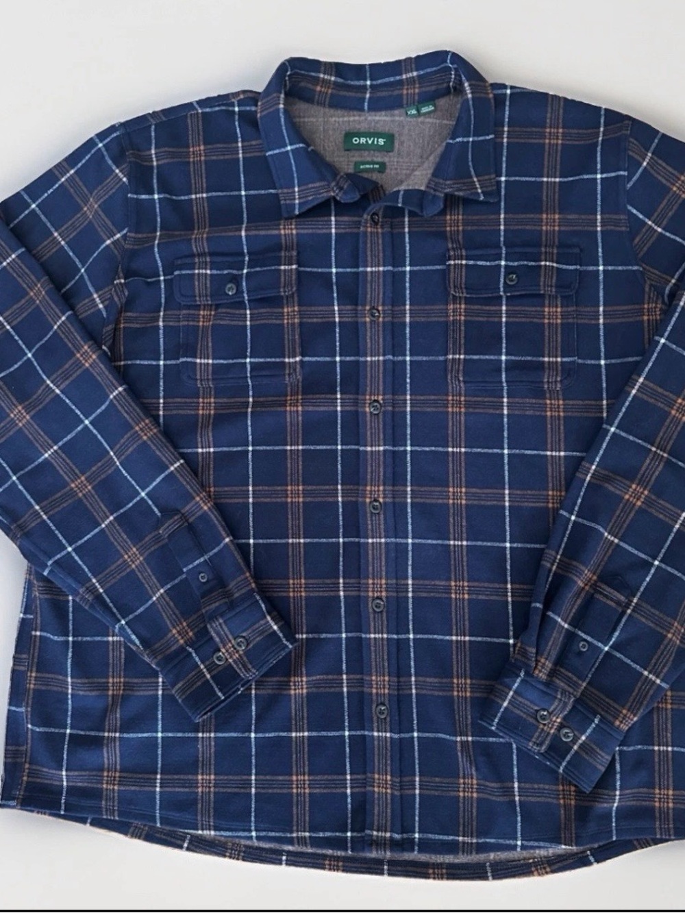 Orvis Active Fit XXL Navy Brown Plaid Stretch Shirt